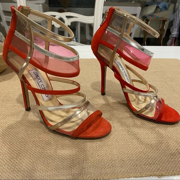 Jimmy Choo MaiTai Sandals Leather Clear Transparent Orange Sz 35 Strappy Heels - Picture 5 of 9